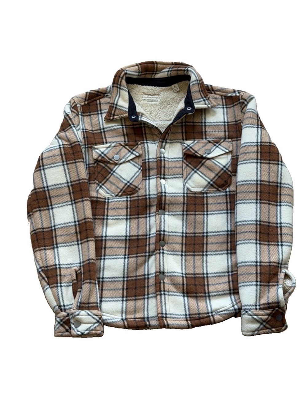 Weatherproof Brown and Cream Plaid Sherpa-Lined Button-Down Shirt Jacket